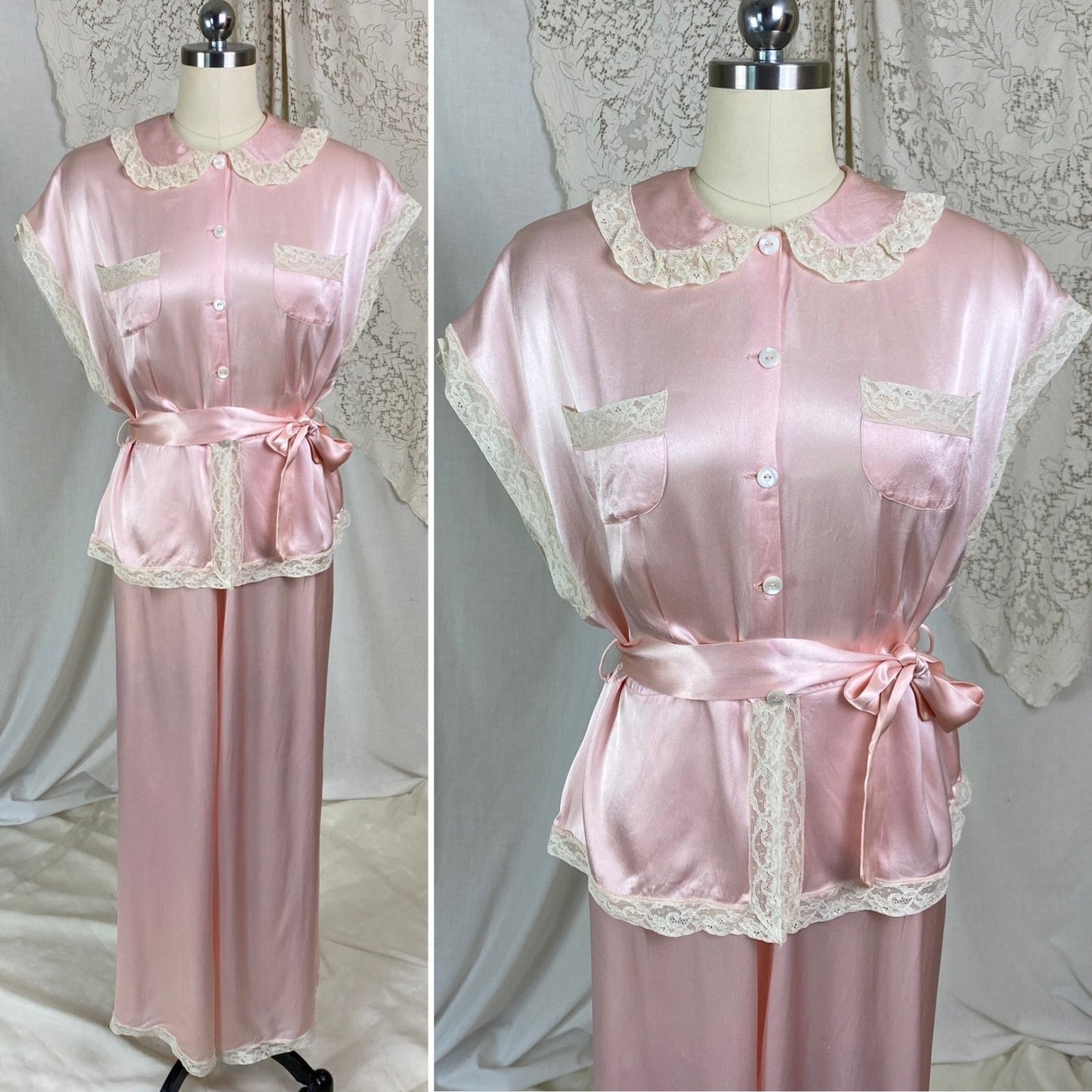 Vintage 1940's Pajama Set | Rose Pink Rayon Charmeuse with Ivory Lace | Size M, LG | Daphne - Daggers & Dames