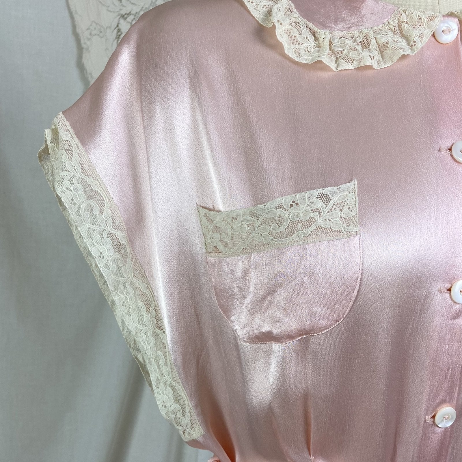 Vintage 1940's Pajama Set | Rose Pink Rayon Charmeuse with Ivory Lace | Size M, LG | Daphne - Daggers & Dames