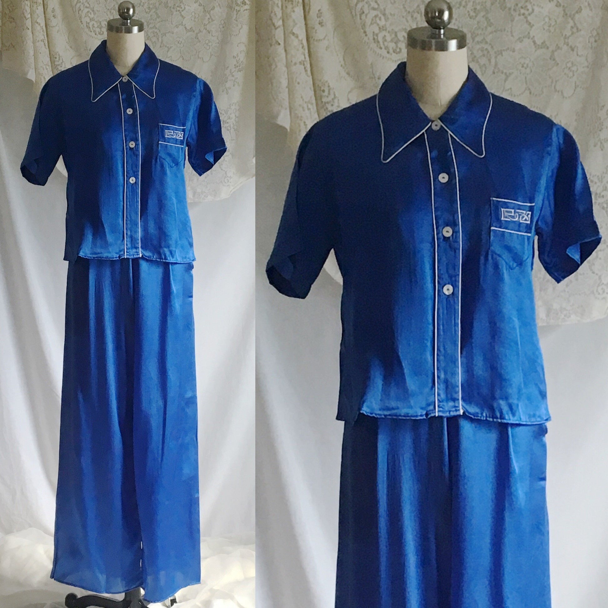 Vintage 1940's Pajama Set | Royal Blue Silk with White Embroidery | Miss Swank | Size XS - Daggers & Dames