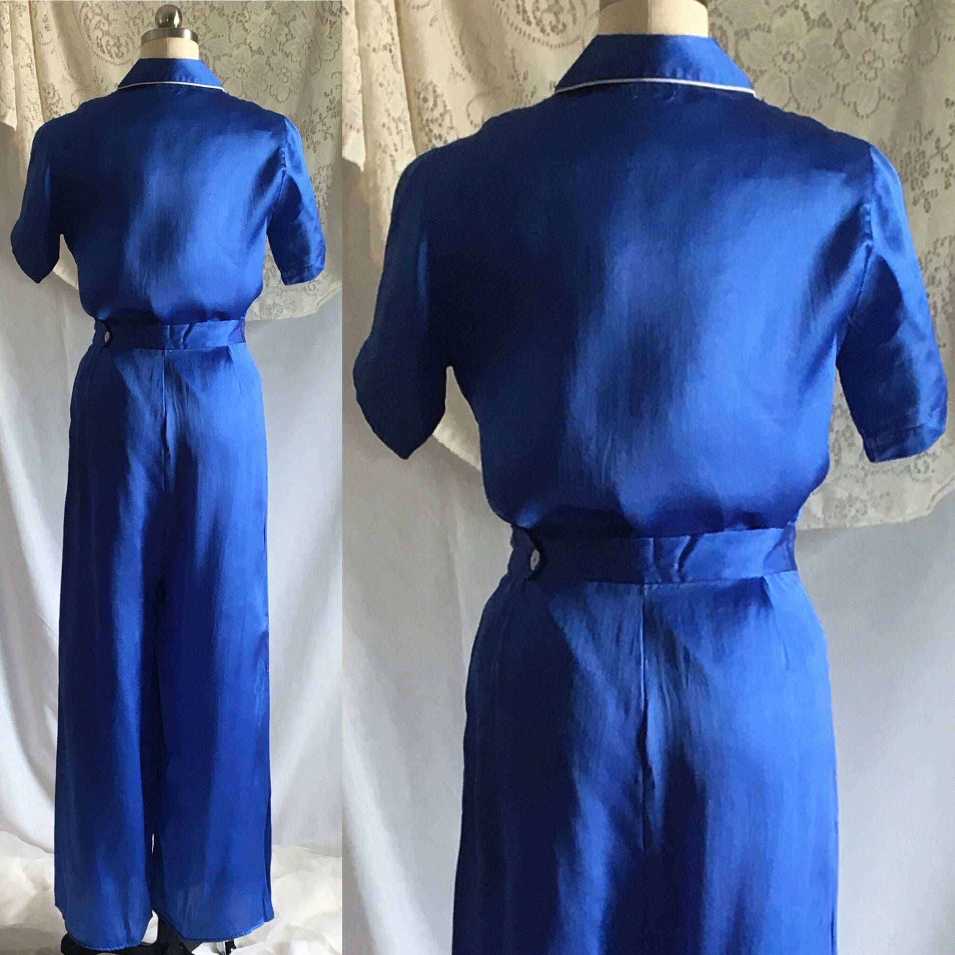 Vintage 1940's Pajama Set | Royal Blue Silk with White Embroidery | Miss Swank | Size XS - Daggers & Dames