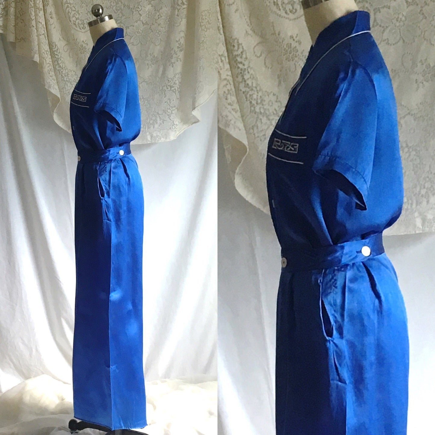 Vintage 1940's Pajama Set | Royal Blue Silk with White Embroidery | Miss Swank | Size XS - Daggers & Dames