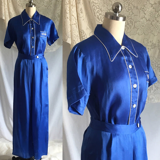 Vintage 1940's Pajama Set | Royal Blue Silk with White Embroidery | Miss Swank | Size XS - Daggers & Dames