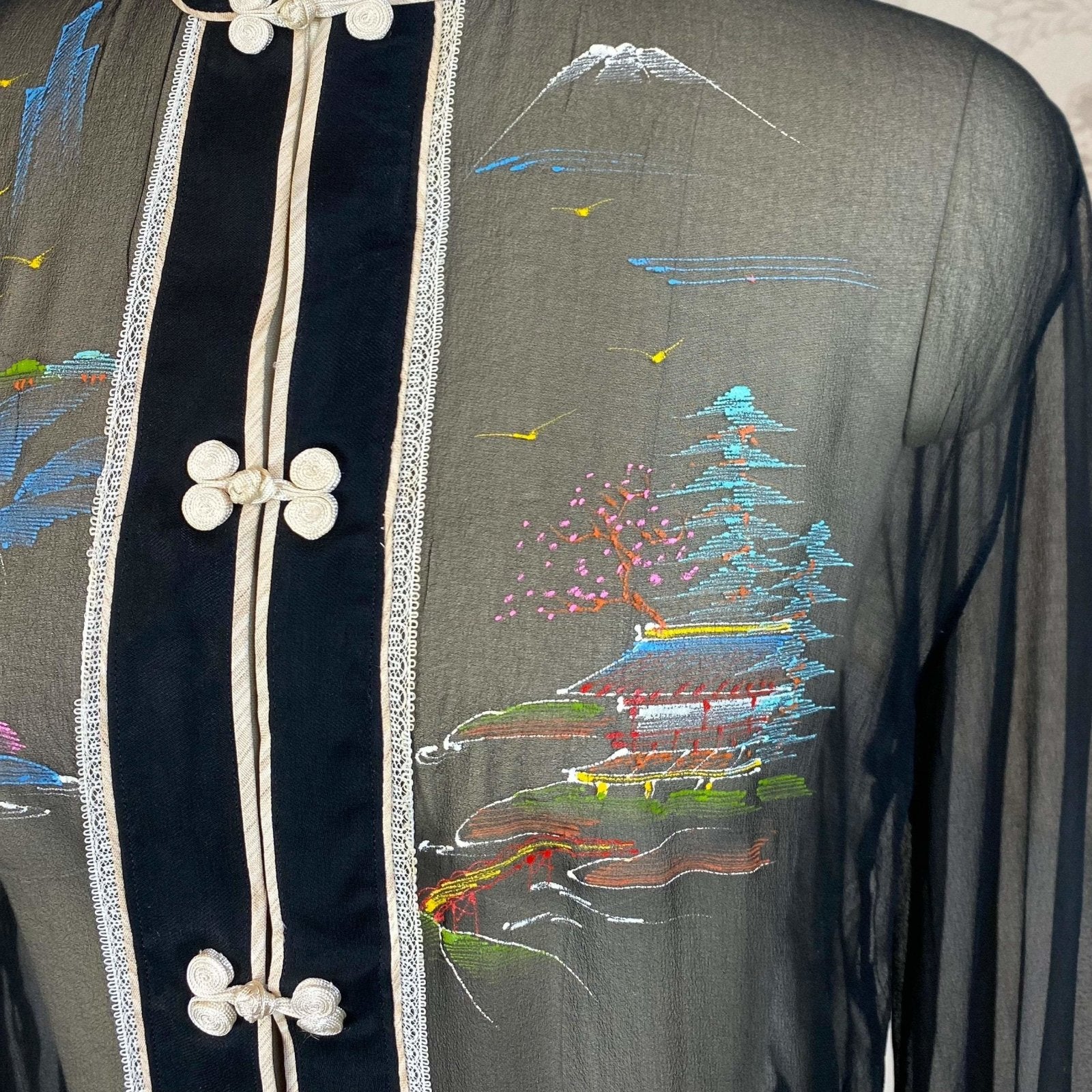 Vintage 1940's Pajama Set | Sheer Silk Chiffon with Hand Painted Scene & Frog Buttons | Size XS, S | Made in Japan - Daggers & Dames