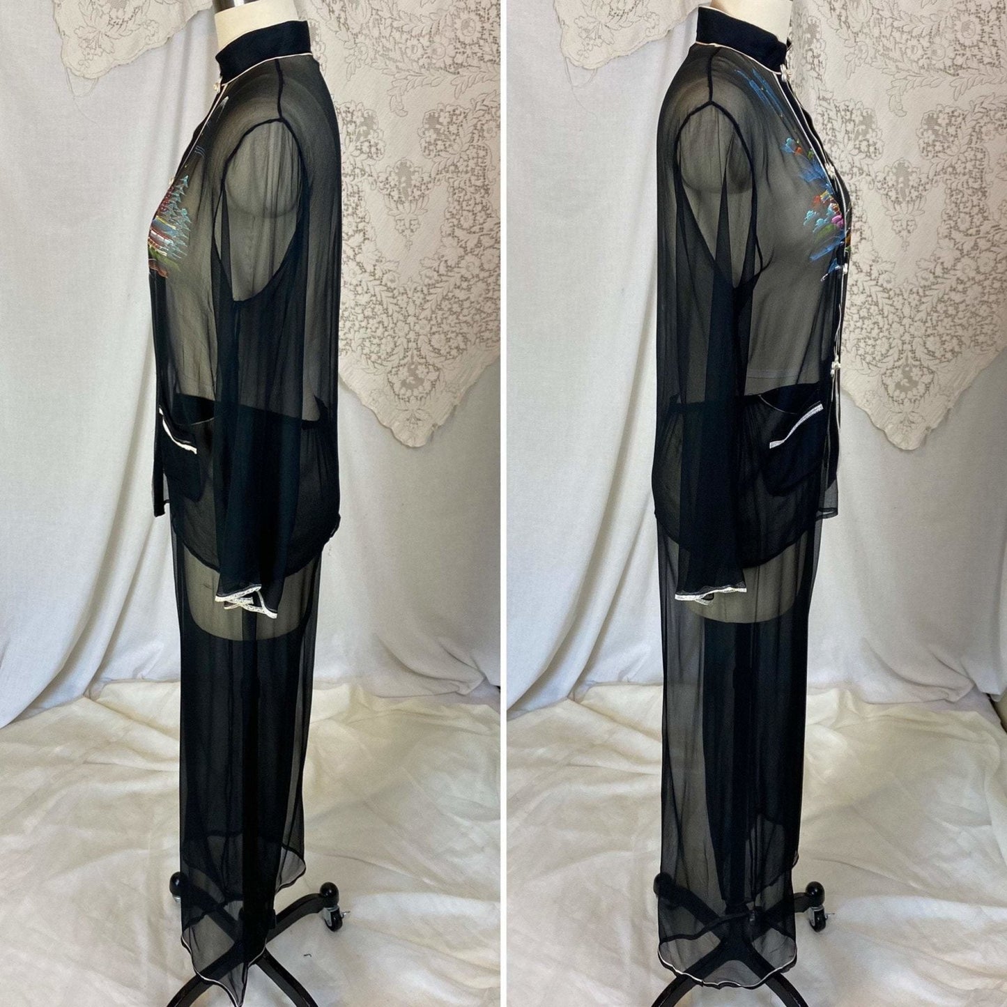 Vintage 1940's Pajama Set | Sheer Silk Chiffon with Hand Painted Scene & Frog Buttons | Size XS, S | Made in Japan - Daggers & Dames