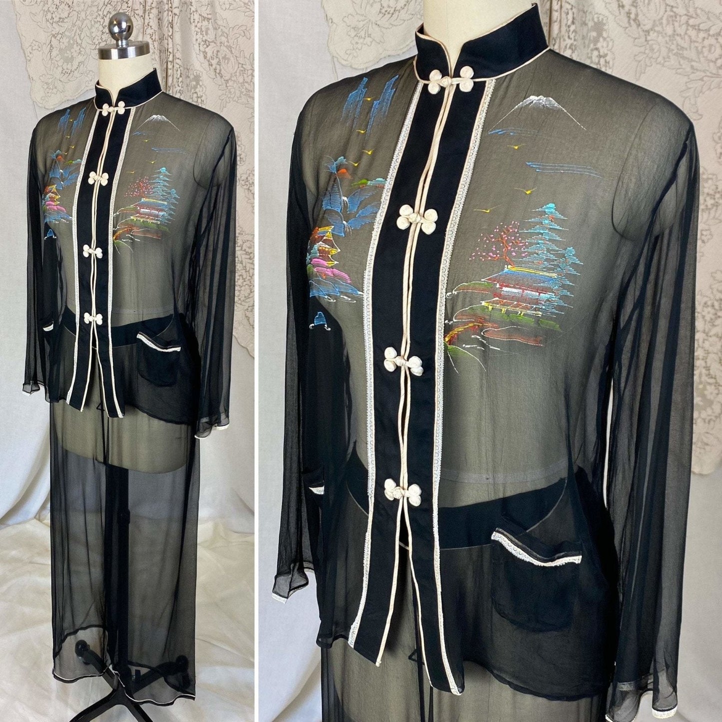 Vintage 1940's Pajama Set | Sheer Silk Chiffon with Hand Painted Scene & Frog Buttons | Size XS, S | Made in Japan - Daggers & Dames