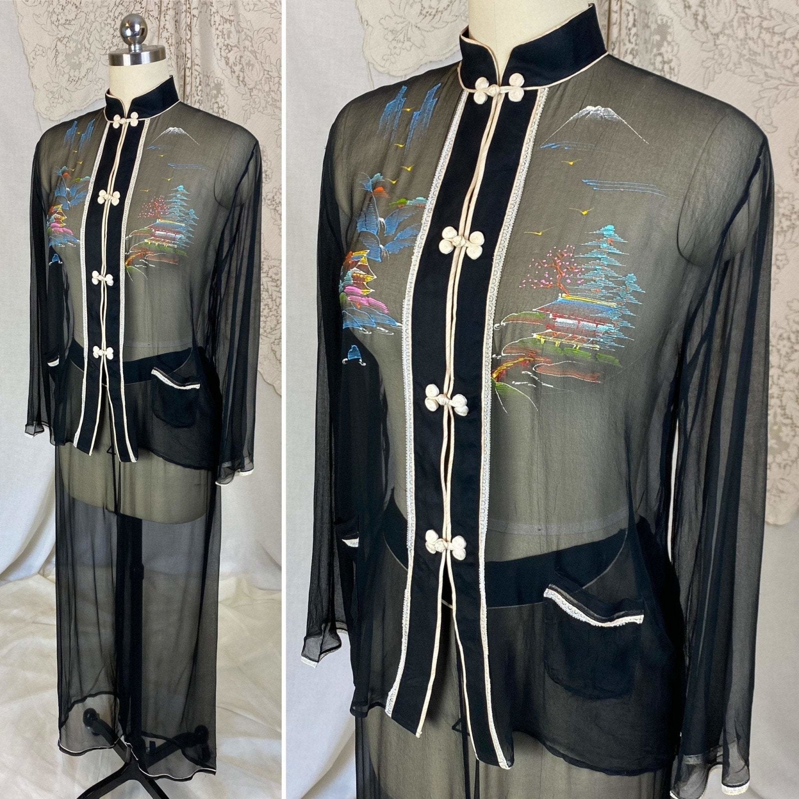Vintage 1940's Pajama Set | Sheer Silk Chiffon with Hand Painted Scene & Frog Buttons | Size XS, S | Made in Japan - Daggers & Dames