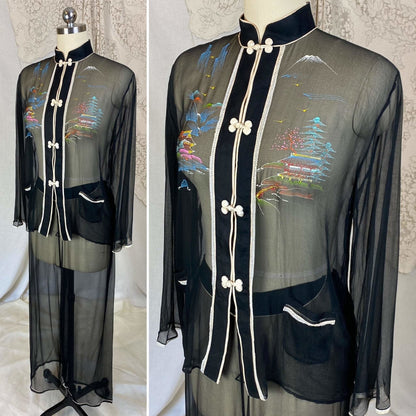Vintage 1940's Pajama Set | Sheer Silk Chiffon with Hand Painted Scene & Frog Buttons | Size XS, S | Made in Japan - Daggers & Dames