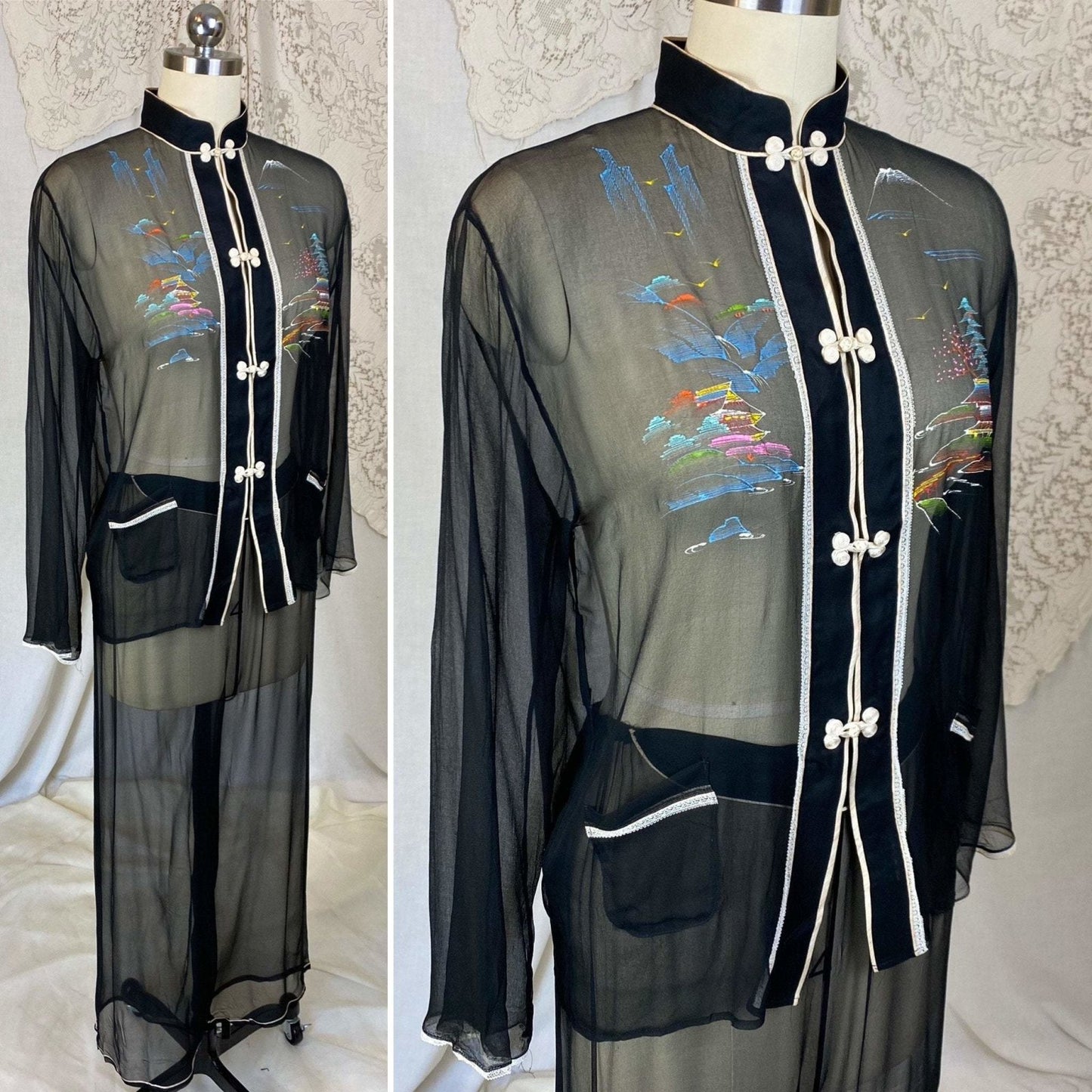 Vintage 1940's Pajama Set | Sheer Silk Chiffon with Hand Painted Scene & Frog Buttons | Size XS, S | Made in Japan - Daggers & Dames