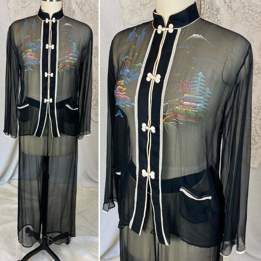 Vintage 1940's Pajama Set | Sheer Silk Chiffon with Hand Painted Scene & Frog Buttons | Size XS, S | Made in Japan - Daggers & Dames