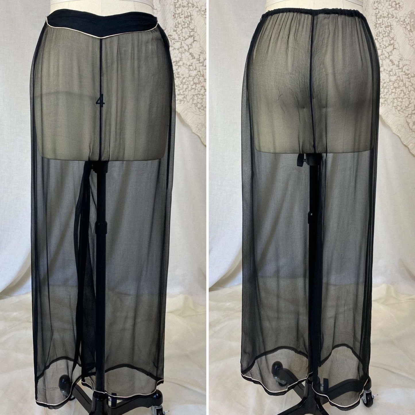 Vintage 1940's Pajama Set | Sheer Silk Chiffon with Hand Painted Scene & Frog Buttons | Size XS, S | Made in Japan - Daggers & Dames