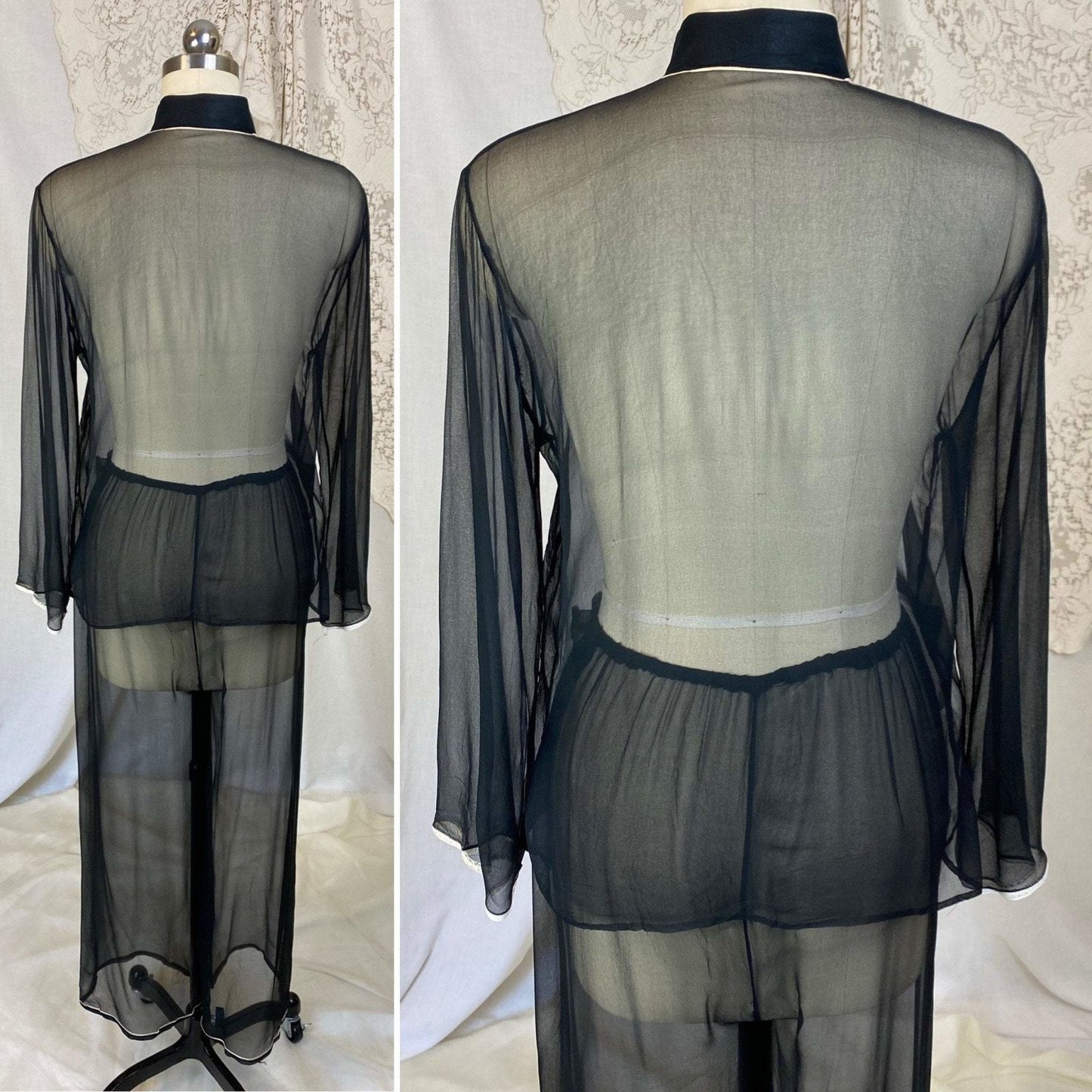 Vintage 1940's Pajama Set | Sheer Silk Chiffon with Hand Painted Scene & Frog Buttons | Size XS, S | Made in Japan - Daggers & Dames