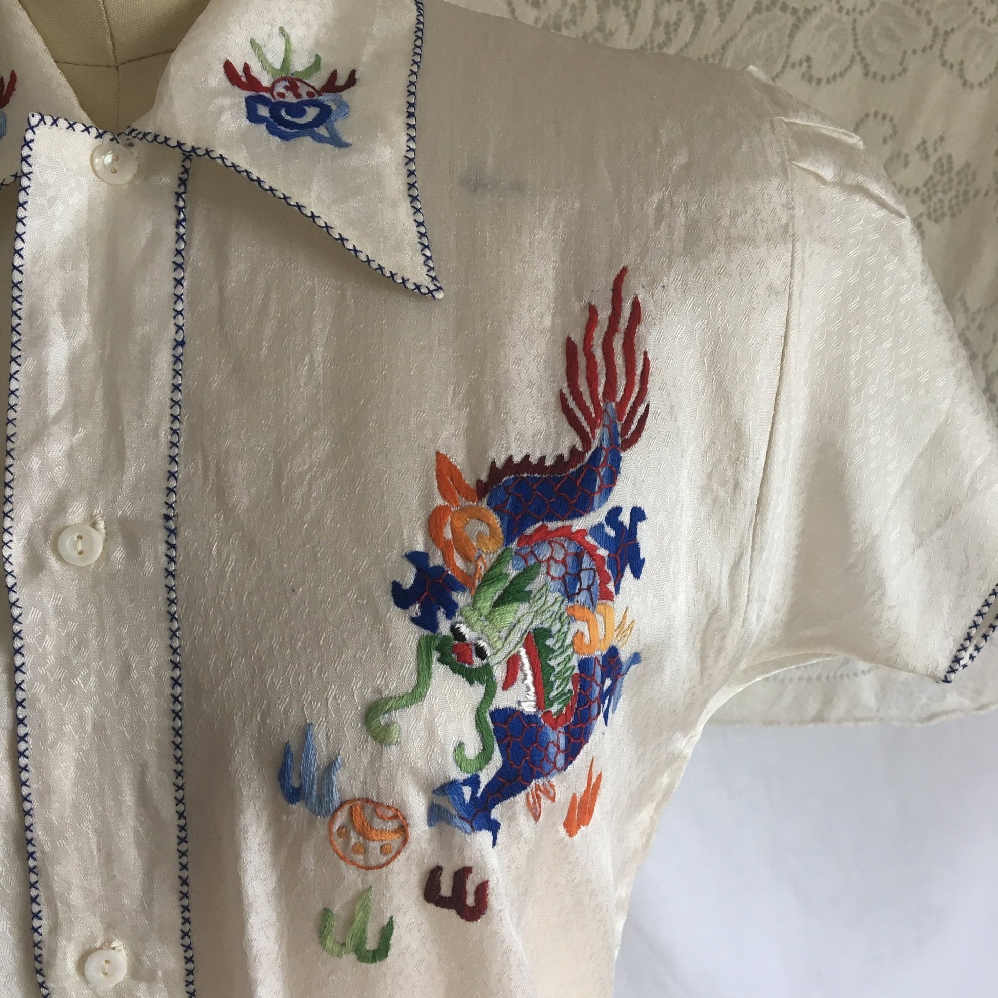Vintage 1940's Pajama Set | White Silk with Embroidery & Mother of Pearl Buttons | Chinese Dragon Lounge Wear | Size XS, SM - Daggers & Dames