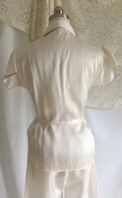 Vintage 1940's Pajama Set | White Silk with Embroidery & Mother of Pearl Buttons | Chinese Dragon Lounge Wear | Size XS, SM - Daggers & Dames