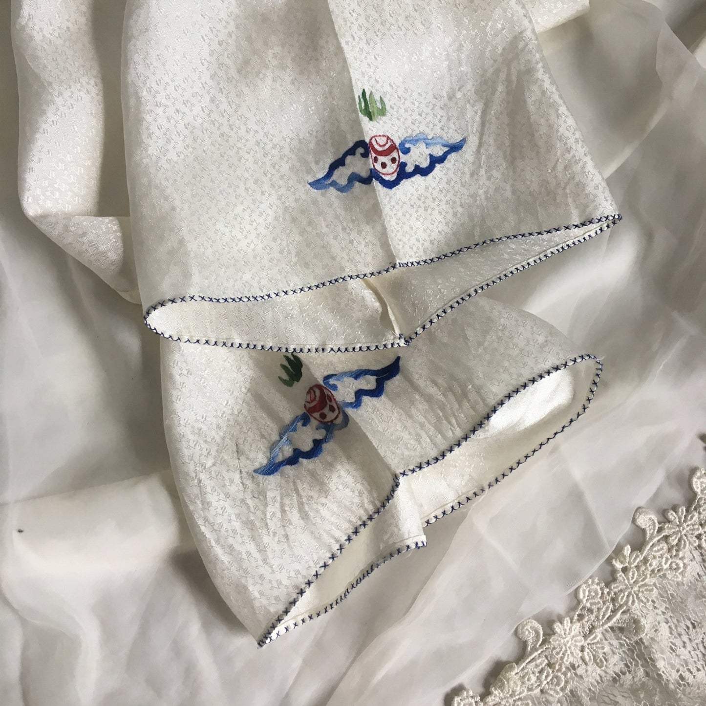 Vintage 1940's Pajama Set | White Silk with Embroidery & Mother of Pearl Buttons | Chinese Dragon Lounge Wear | Size XS, SM - Daggers & Dames