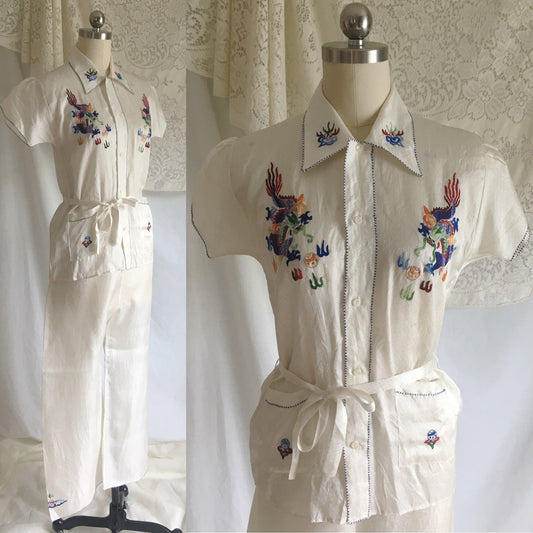 Vintage 1940's Pajama Set | White Silk with Embroidery & Mother of Pearl Buttons | Chinese Dragon Lounge Wear | Size XS, SM - Daggers & Dames