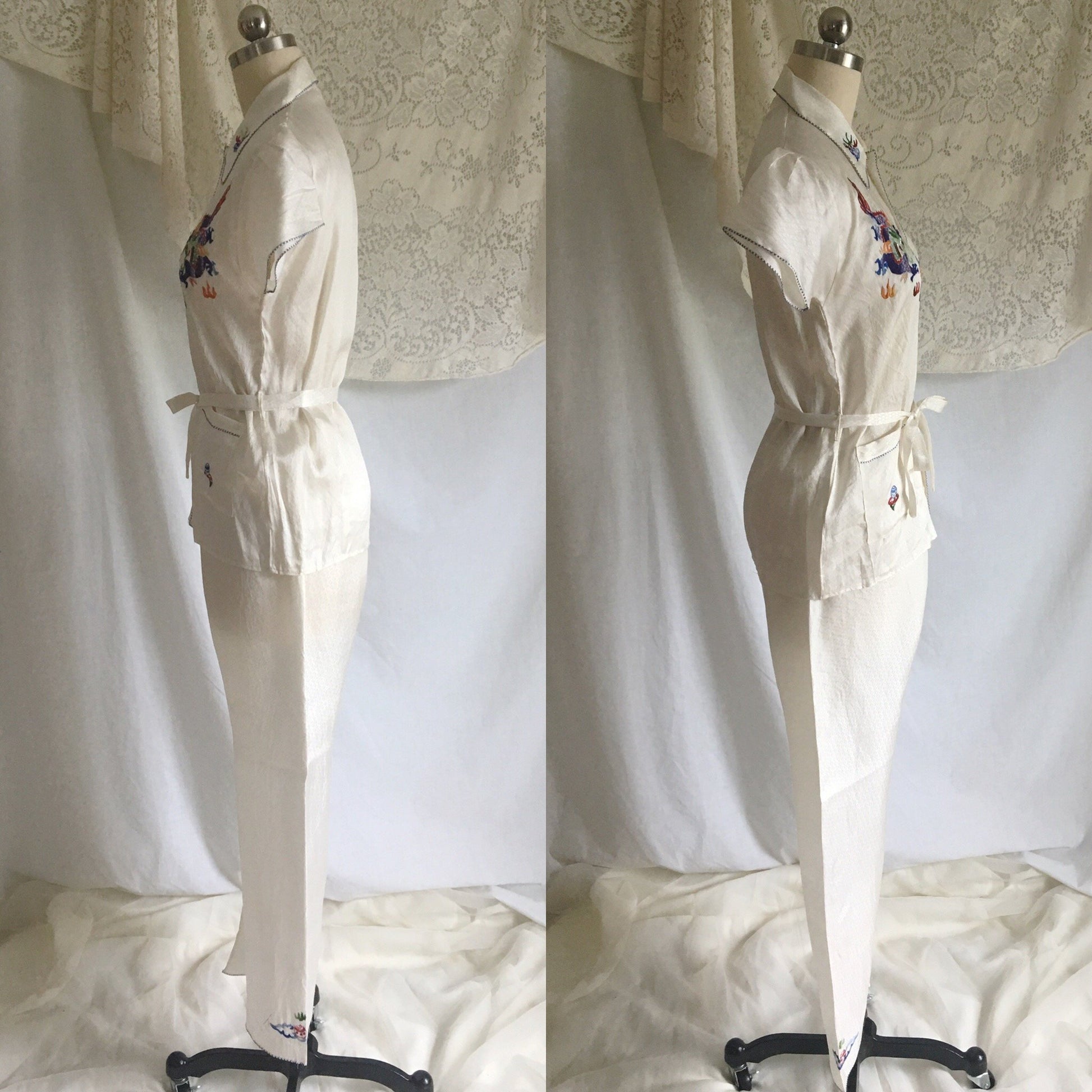 Vintage 1940's Pajama Set | White Silk with Embroidery & Mother of Pearl Buttons | Chinese Dragon Lounge Wear | Size XS, SM - Daggers & Dames
