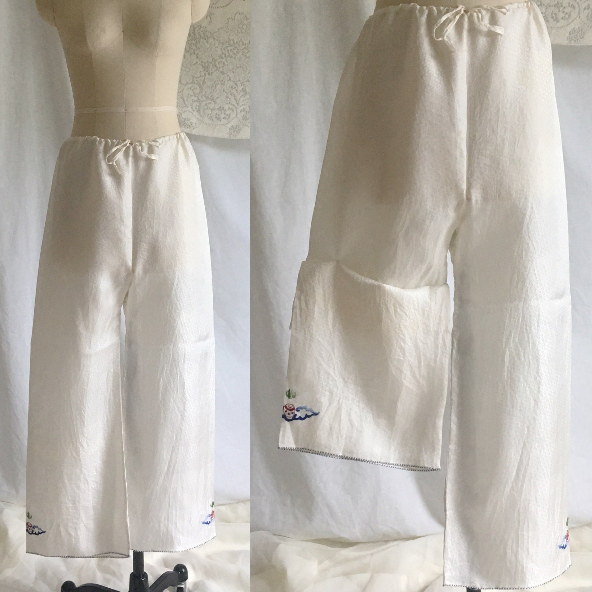 Vintage 1940's Pajama Set | White Silk with Embroidery & Mother of Pearl Buttons | Chinese Dragon Lounge Wear | Size XS, SM - Daggers & Dames