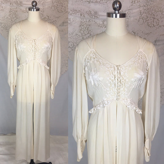 Vintage 1940's Peignoir Robe | Ivory Silk Chiffon with Satin Leaves & Chantilly Lace | Size MED, LG - Daggers & Dames