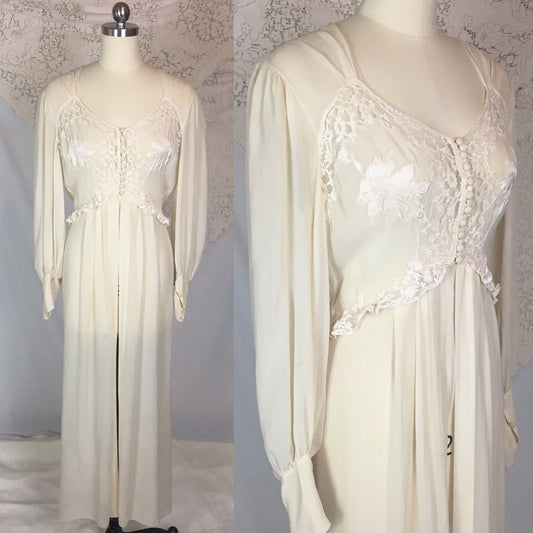 Vintage 1940's Peignoir Robe | Ivory Silk Chiffon with Satin Leaves & Chantilly Lace | Size MED, LG - Daggers & Dames