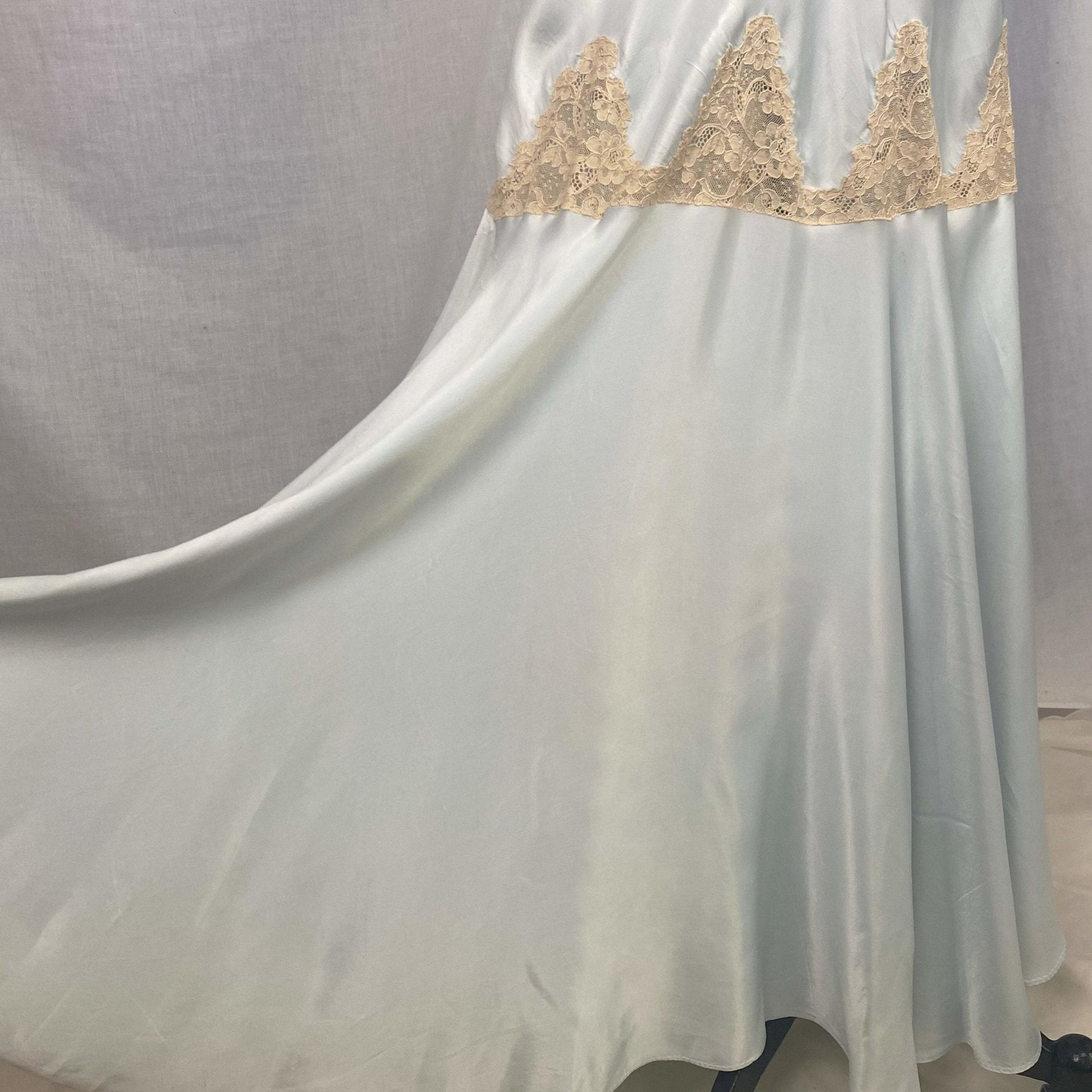 Vintage 1940's Peignoir Set | Icy Blue Rayon Satin with Nude Lace Inserts | Size 32-34 Bust, XS, S | Lady Duff - Daggers & Dames