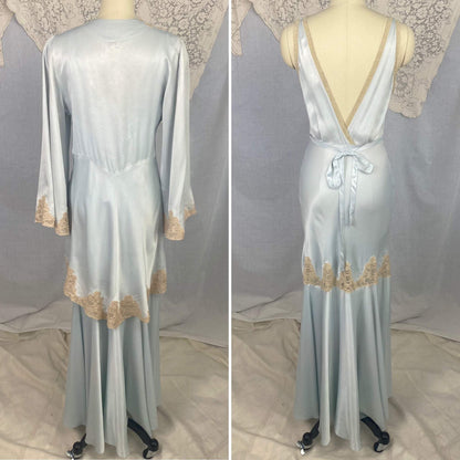 Vintage 1940's Peignoir Set | Icy Blue Rayon Satin with Nude Lace Inserts | Size 32-34 Bust, XS, S | Lady Duff - Daggers & Dames