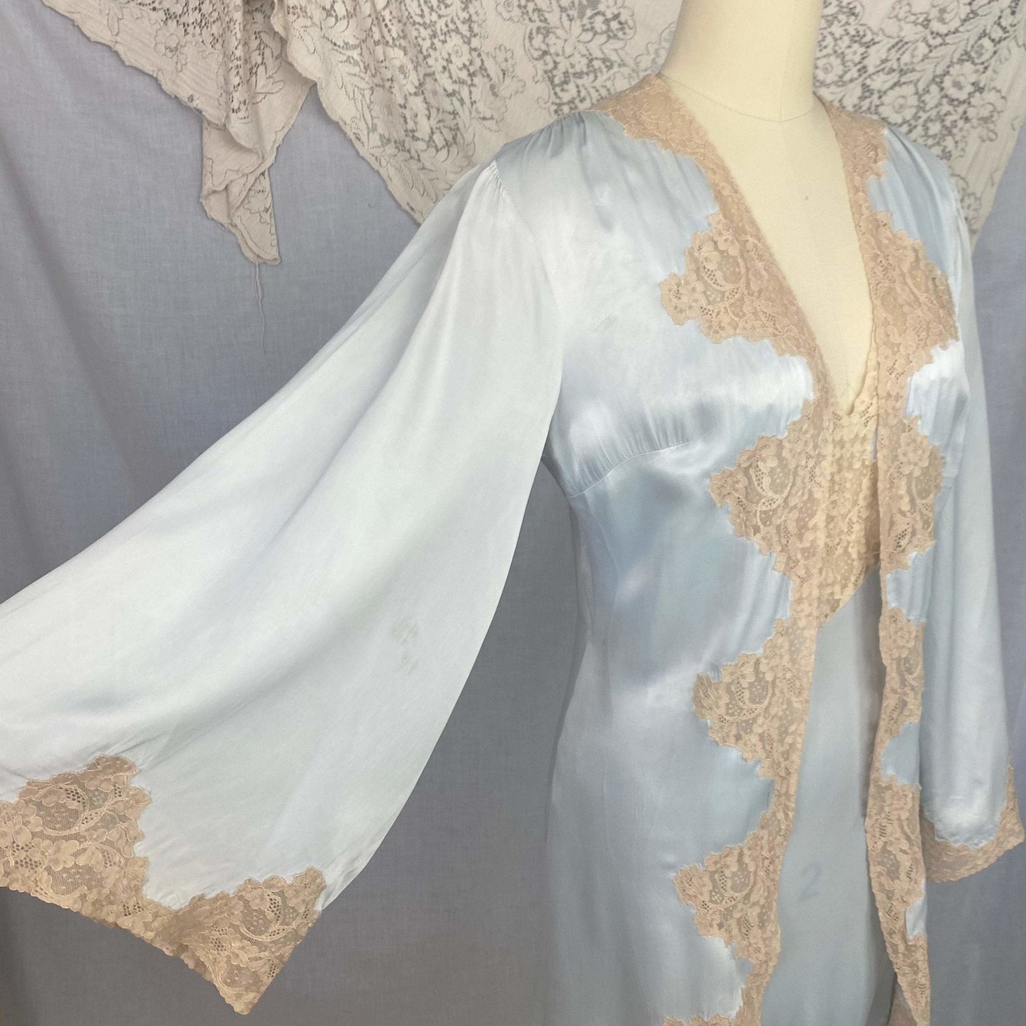 Vintage 1940's Peignoir Set | Icy Blue Rayon Satin with Nude Lace Inserts | Size 32-34 Bust, XS, S | Lady Duff - Daggers & Dames