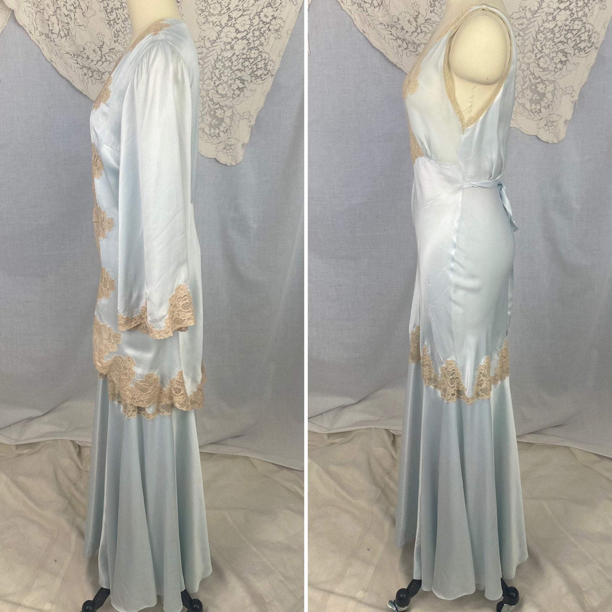 Vintage 1940's Peignoir Set | Icy Blue Rayon Satin with Nude Lace Inserts | Size 32-34 Bust, XS, S | Lady Duff - Daggers & Dames