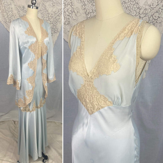 Vintage 1940's Peignoir Set | Icy Blue Rayon Satin with Nude Lace Inserts | Size 32-34 Bust, XS, S | Lady Duff - Daggers & Dames