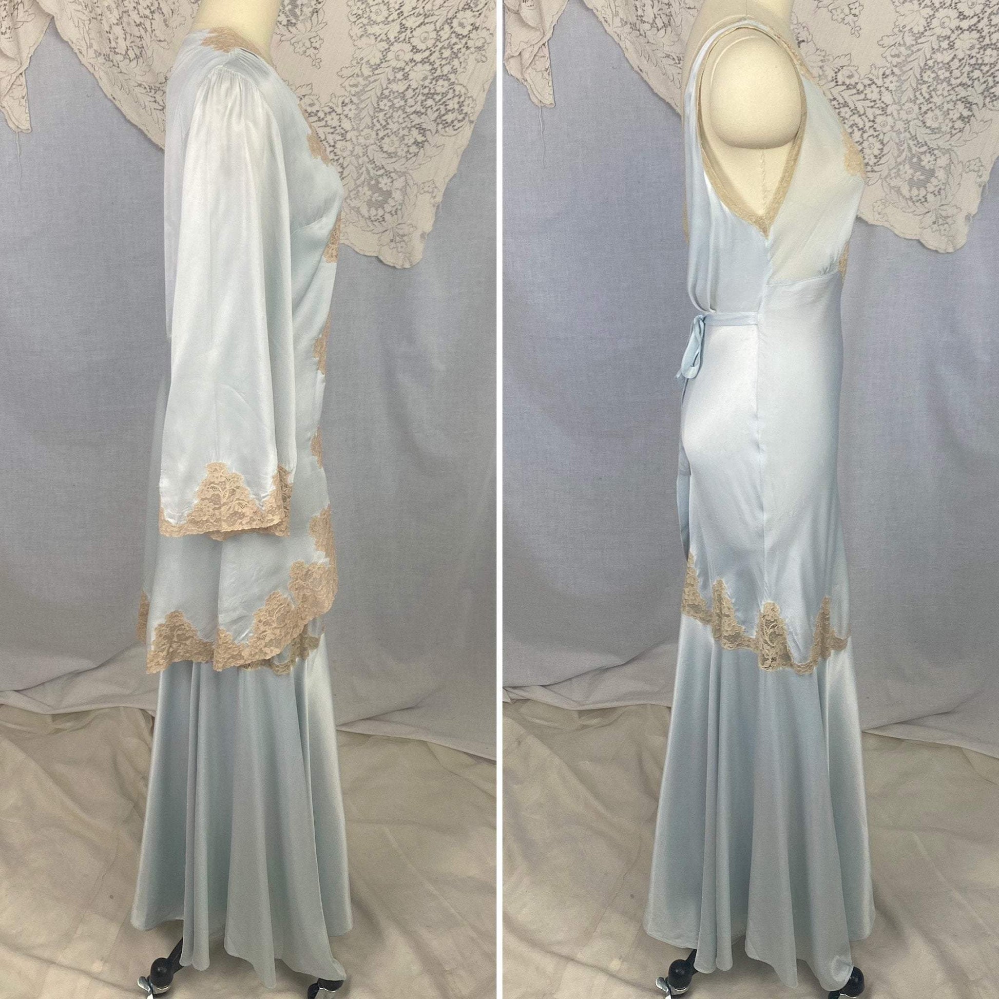 Vintage 1940's Peignoir Set | Icy Blue Rayon Satin with Nude Lace Inserts | Size 32-34 Bust, XS, S | Lady Duff - Daggers & Dames