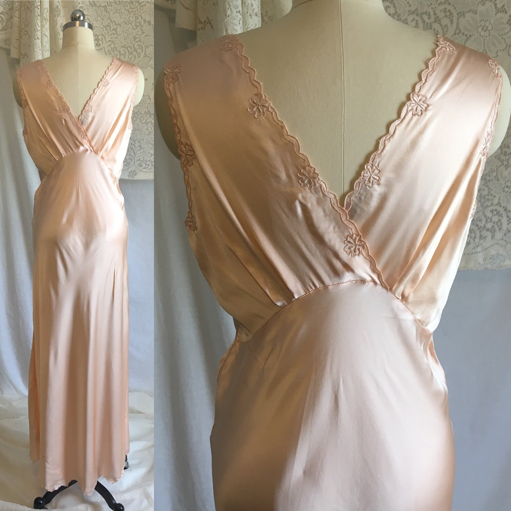 Vintage 1940's Peignoir Set | Peach Chinese Silk with Hand Embroidery & Frog Button Closure | Bridal Lingerie | Size 36, M, LG - Daggers & Dames