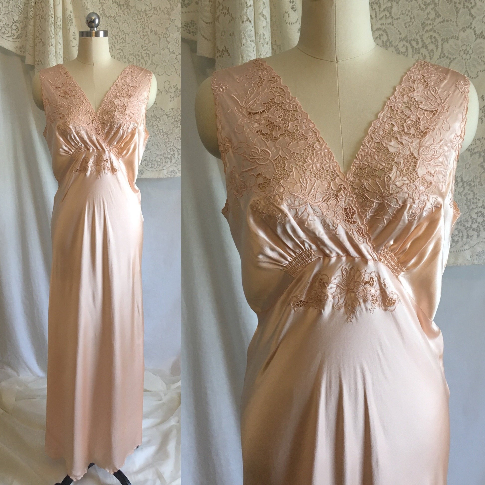 Vintage 1940's Peignoir Set | Peach Chinese Silk with Hand Embroidery & Frog Button Closure | Bridal Lingerie | Size 36, M, LG - Daggers & Dames