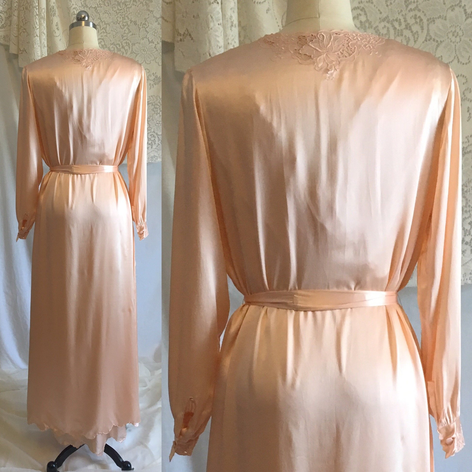 Vintage 1940's Peignoir Set | Peach Chinese Silk with Hand Embroidery & Frog Button Closure | Bridal Lingerie | Size 36, M, LG - Daggers & Dames