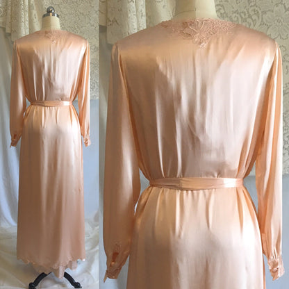 Vintage 1940's Peignoir Set | Peach Chinese Silk with Hand Embroidery & Frog Button Closure | Bridal Lingerie | Size 36, M, LG - Daggers & Dames