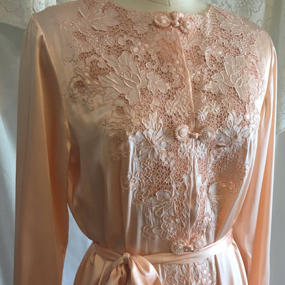 Vintage 1940's Peignoir Set | Peach Chinese Silk with Hand Embroidery & Frog Button Closure | Bridal Lingerie | Size 36, M, LG - Daggers & Dames