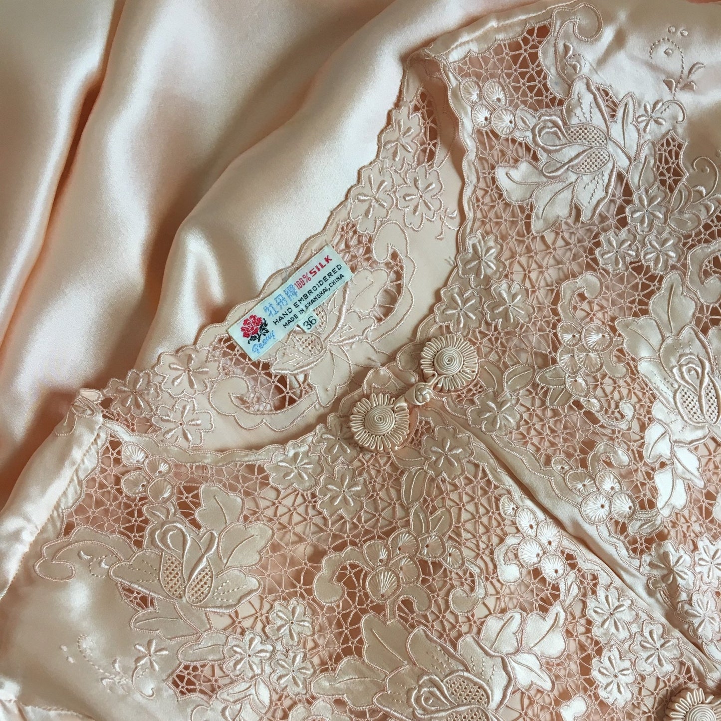 Vintage 1940's Peignoir Set | Peach Chinese Silk with Hand Embroidery & Frog Button Closure | Bridal Lingerie | Size 36, M, LG - Daggers & Dames