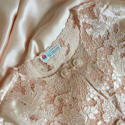 Vintage 1940's Peignoir Set | Peach Chinese Silk with Hand Embroidery & Frog Button Closure | Bridal Lingerie | Size 36, M, LG - Daggers & Dames