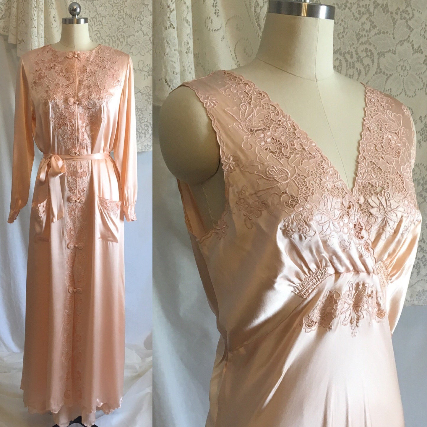 Vintage 1940's Peignoir Set | Peach Chinese Silk with Hand Embroidery & Frog Button Closure | Bridal Lingerie | Size 36, M, LG - Daggers & Dames