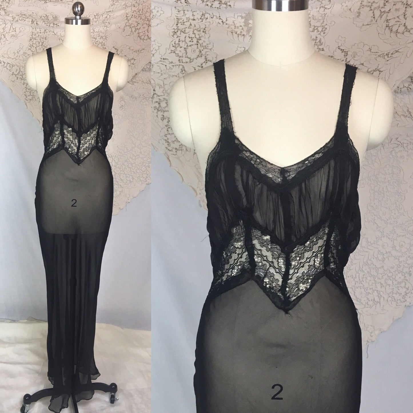 Vintage 1940's Peignoir Set | Sheer Black Rayon Chiffon with Chantilly Lace Nightgown & Robe | Size XS - Daggers & Dames