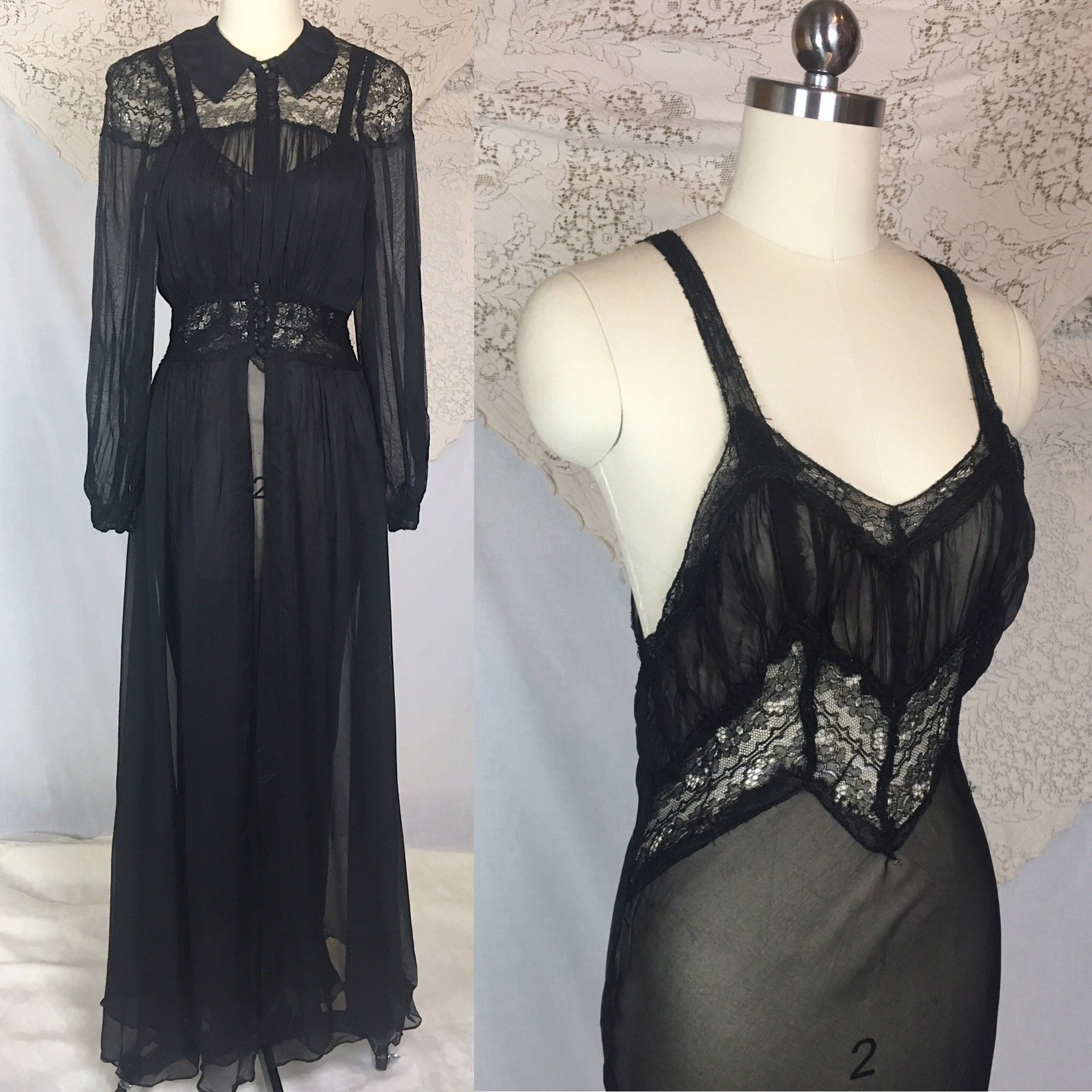 Vintage 1940's Peignoir Set | Sheer Black Rayon Chiffon with Chantilly Lace Nightgown & Robe | Size XS - Daggers & Dames