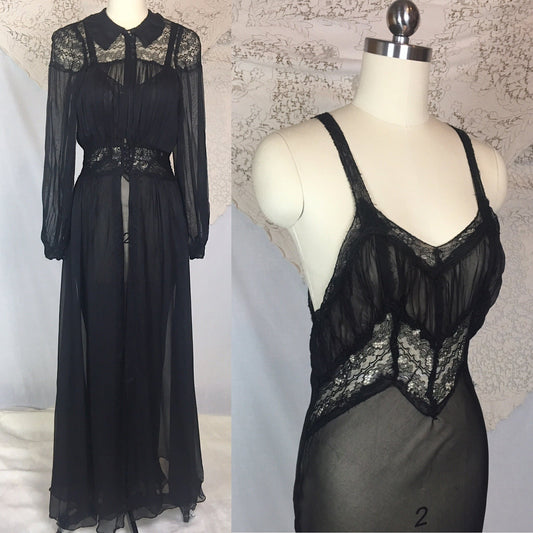 Vintage 1940's Peignoir Set | Sheer Black Rayon Chiffon with Chantilly Lace Nightgown & Robe | Size XS - Daggers & Dames