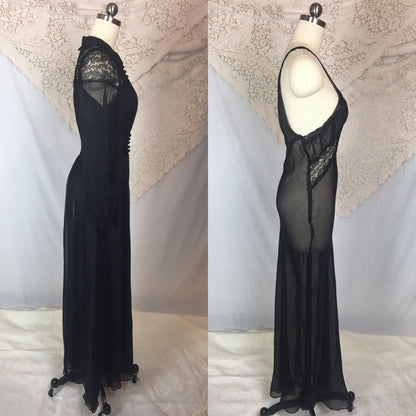 Vintage 1940's Peignoir Set | Sheer Black Rayon Chiffon with Chantilly Lace Nightgown & Robe | Size XS - Daggers & Dames