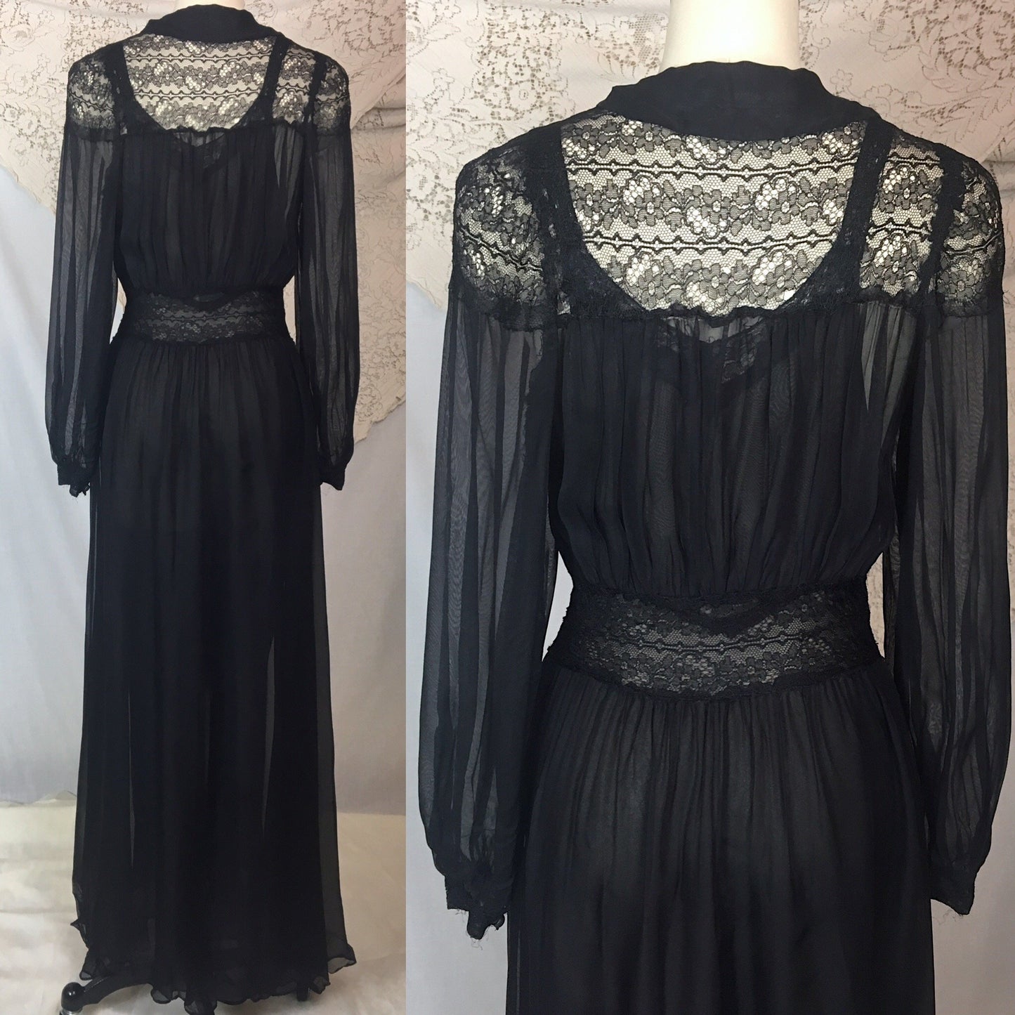 Vintage 1940's Peignoir Set | Sheer Black Rayon Chiffon with Chantilly Lace Nightgown & Robe | Size XS - Daggers & Dames