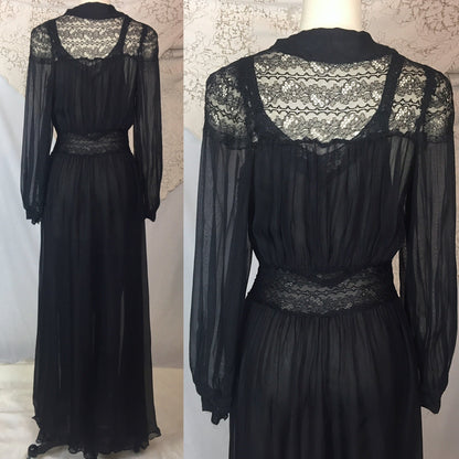 Vintage 1940's Peignoir Set | Sheer Black Rayon Chiffon with Chantilly Lace Nightgown & Robe | Size XS - Daggers & Dames