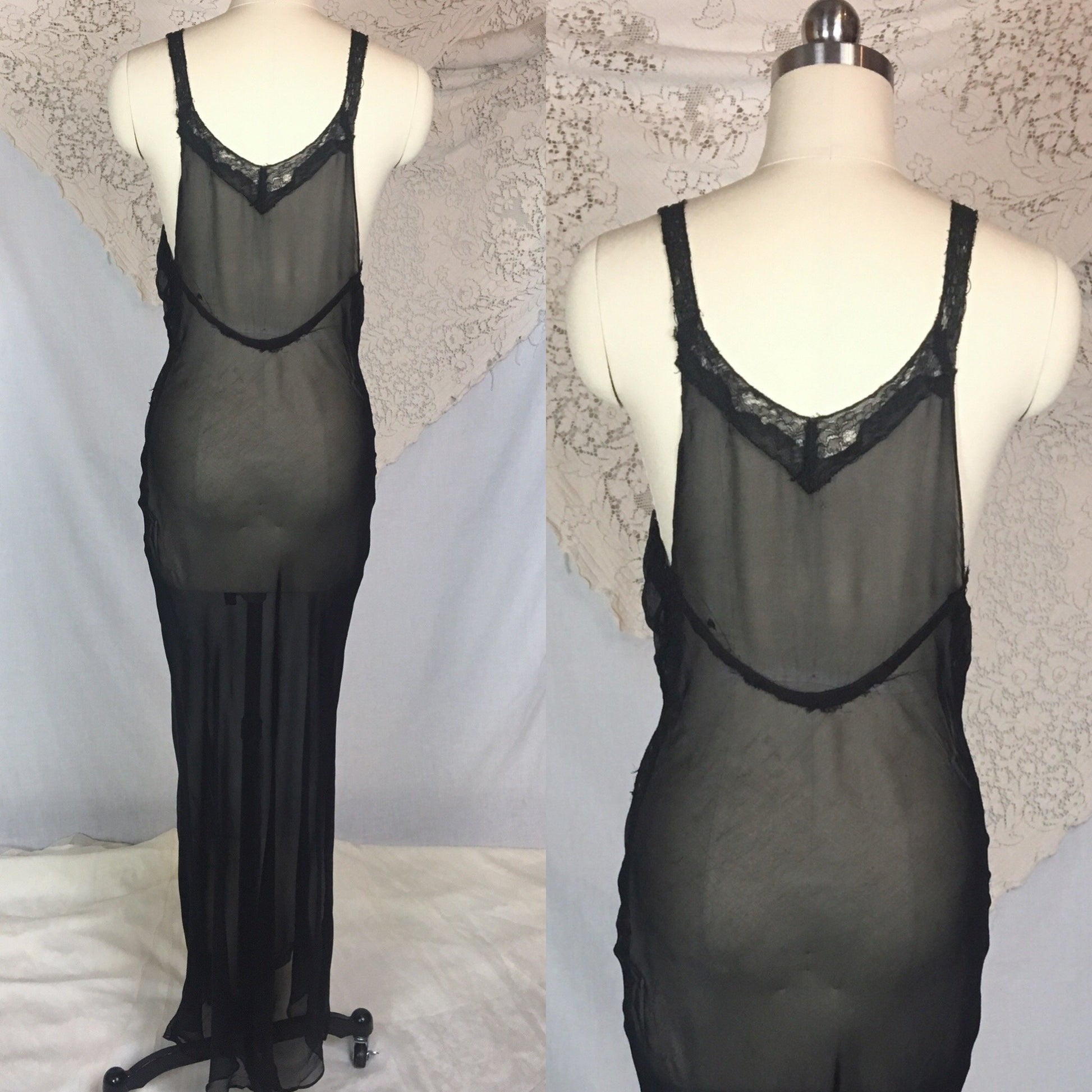 Vintage 1940's Peignoir Set | Sheer Black Rayon Chiffon with Chantilly Lace Nightgown & Robe | Size XS - Daggers & Dames