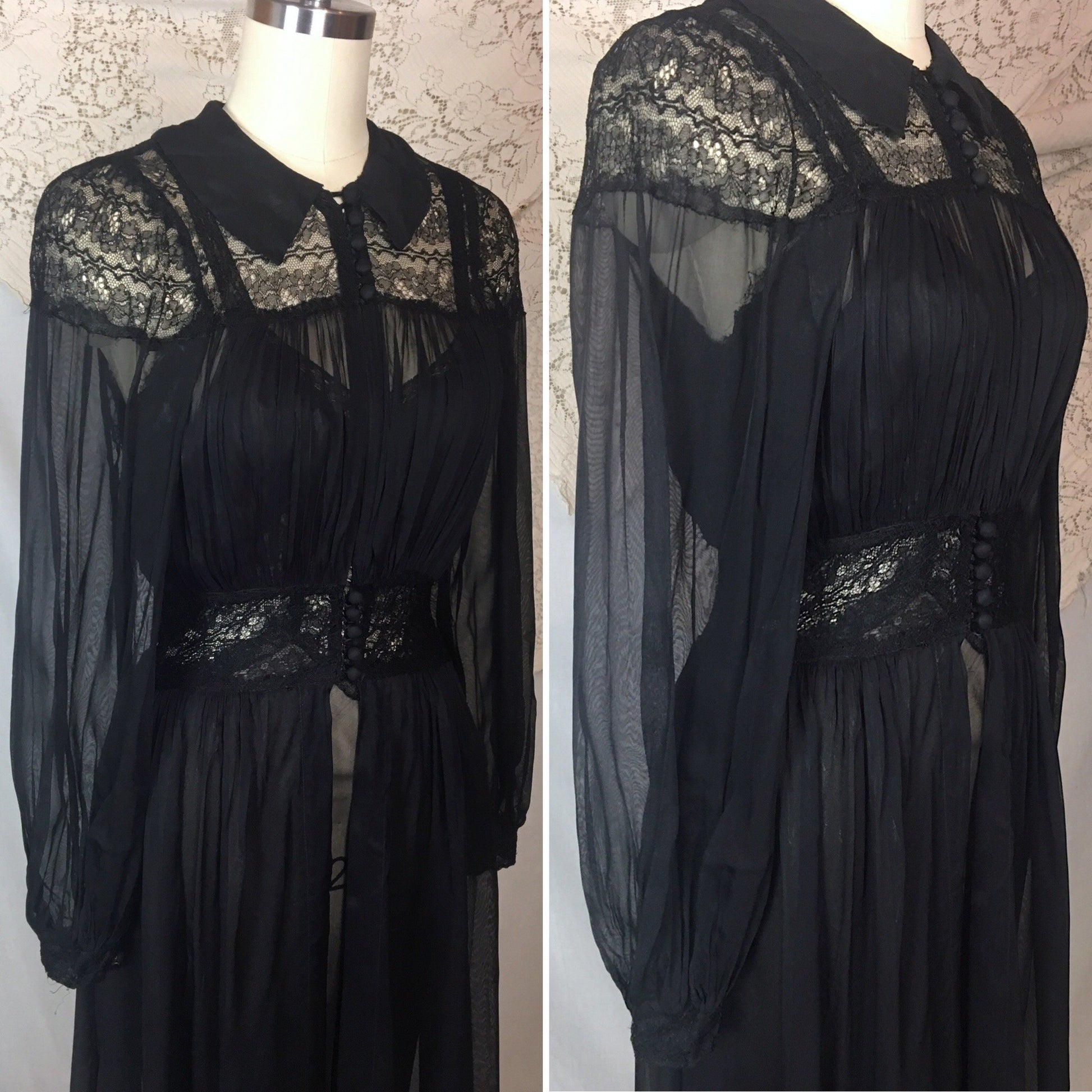 Vintage 1940's Peignoir Set | Sheer Black Rayon Chiffon with Chantilly Lace Nightgown & Robe | Size XS - Daggers & Dames