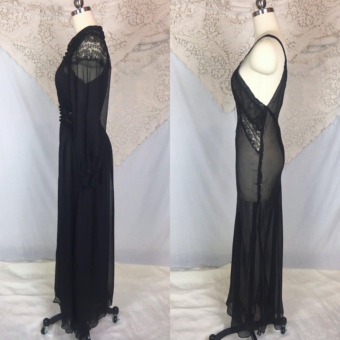 Vintage 1940's Peignoir Set | Sheer Black Rayon Chiffon with Chantilly Lace Nightgown & Robe | Size XS - Daggers & Dames