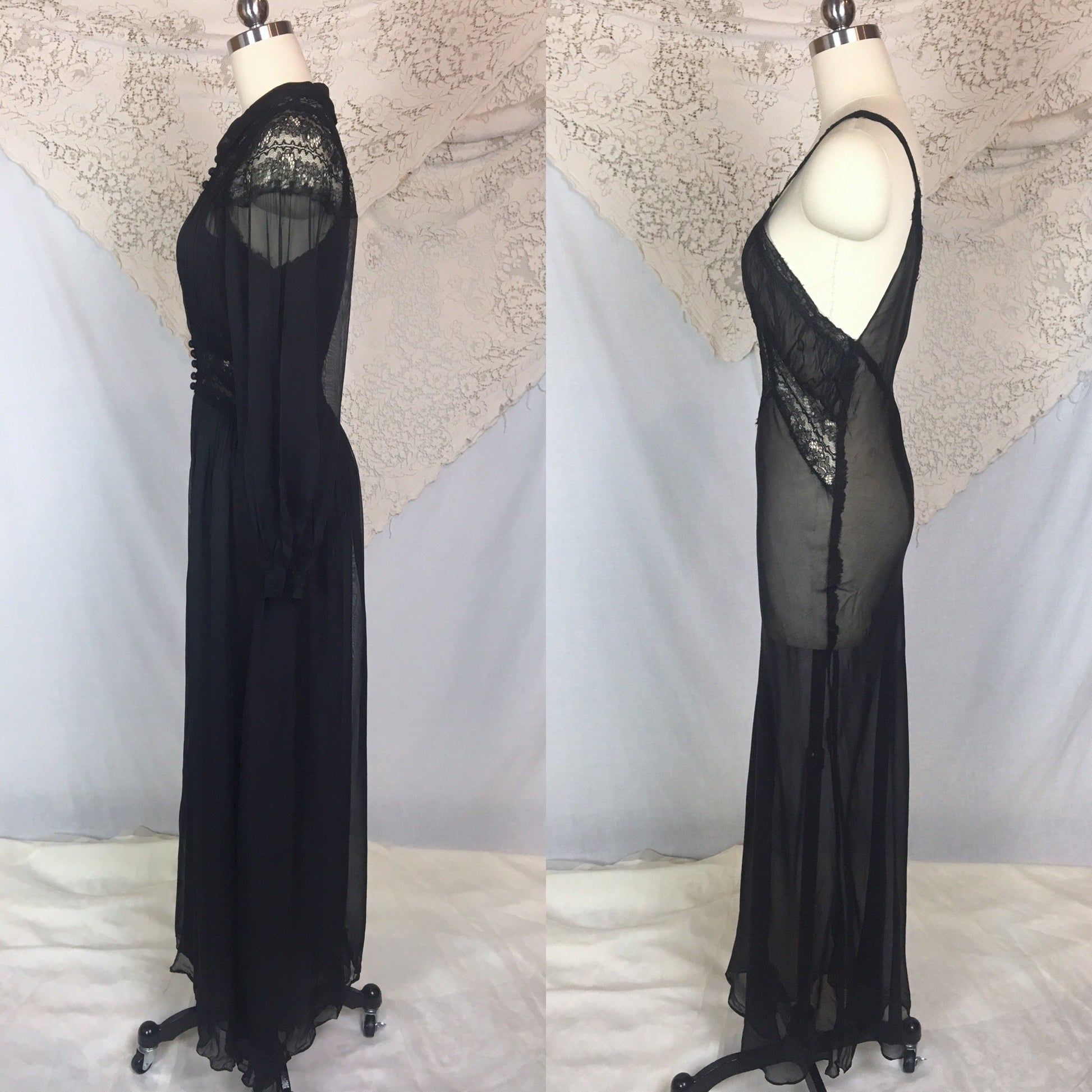 Vintage 1940's Peignoir Set | Sheer Black Rayon Chiffon with Chantilly Lace Nightgown & Robe | Size XS - Daggers & Dames