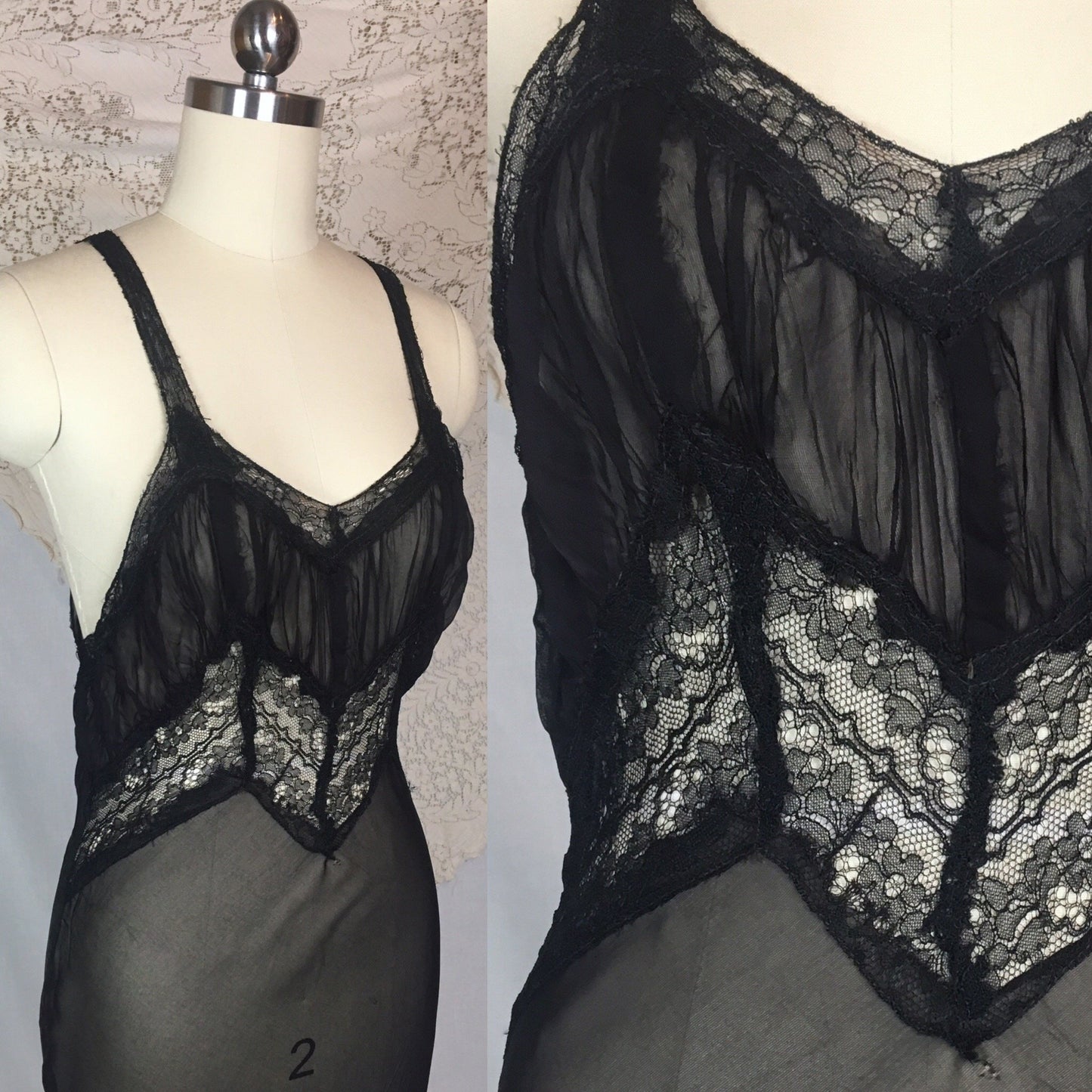 Vintage 1940's Peignoir Set | Sheer Black Rayon Chiffon with Chantilly Lace Nightgown & Robe | Size XS - Daggers & Dames