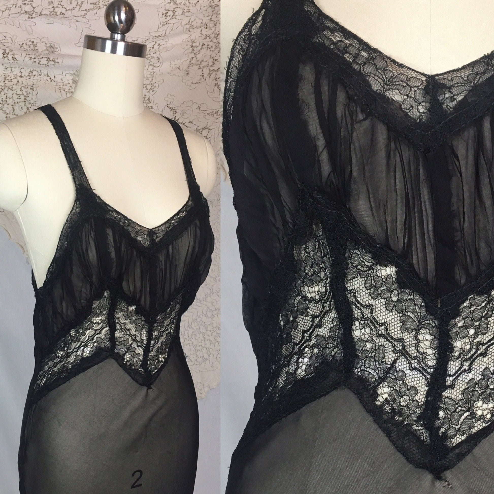 Vintage 1940's Peignoir Set | Sheer Black Rayon Chiffon with Chantilly Lace Nightgown & Robe | Size XS - Daggers & Dames