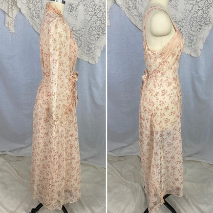 Vintage 1940's Peignoir Set | Sheer Peach Rayon Chiffon with Red Floral Print | Size 34-36 Bust, S, M | Flobert -Never Worn - Daggers & Dames